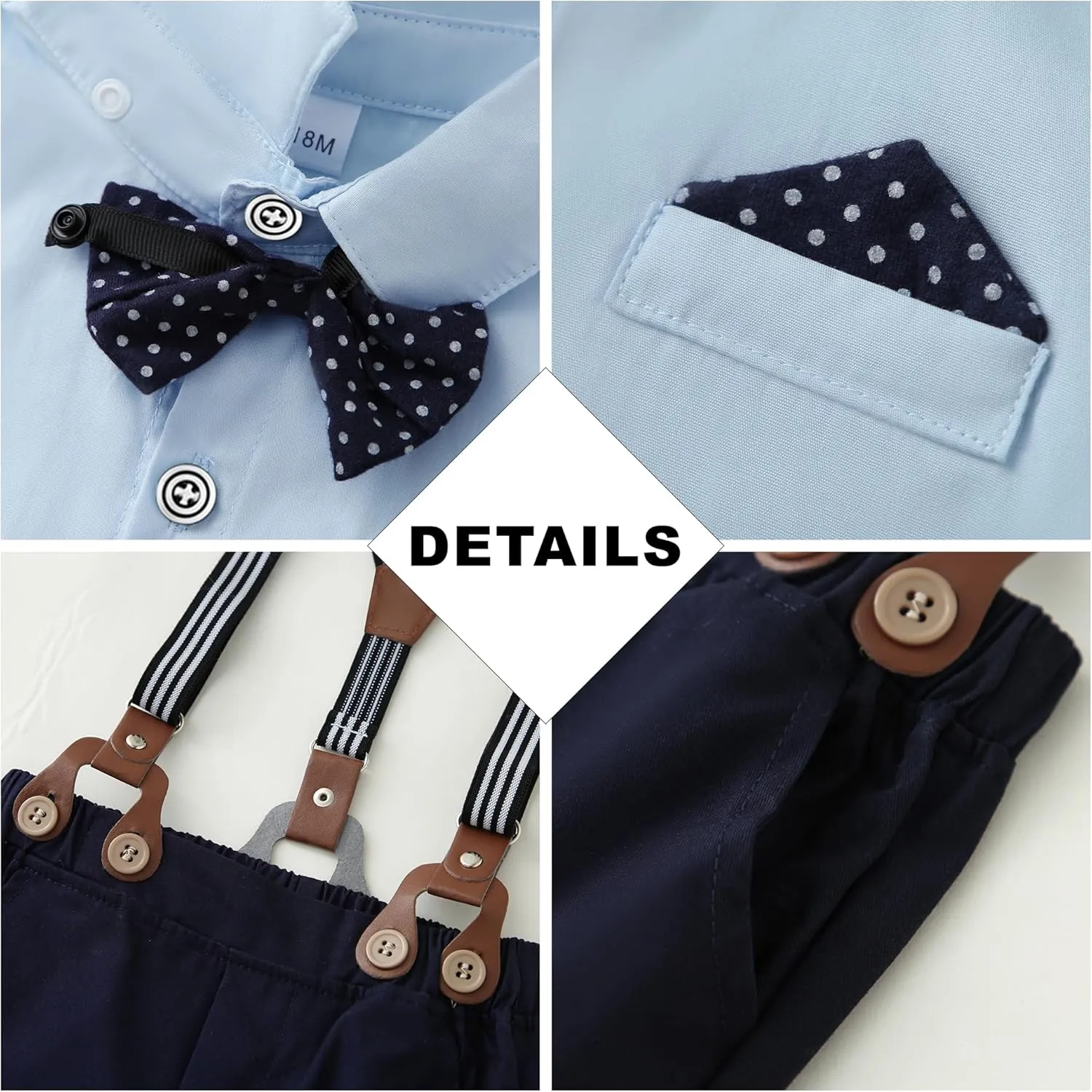 CARETOO Toddler Boy Clothes Suit Gentleman Wedding Outfits Kids Formal Dress Shirt Bowtie Long Suspender Pants Overalls 1-5T