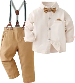 CARETOO Toddler Boy Clothes Suit Gentleman Wedding Outfits Kids Formal Dress Shirt Bowtie Long Suspender Pants Overalls 1-5T