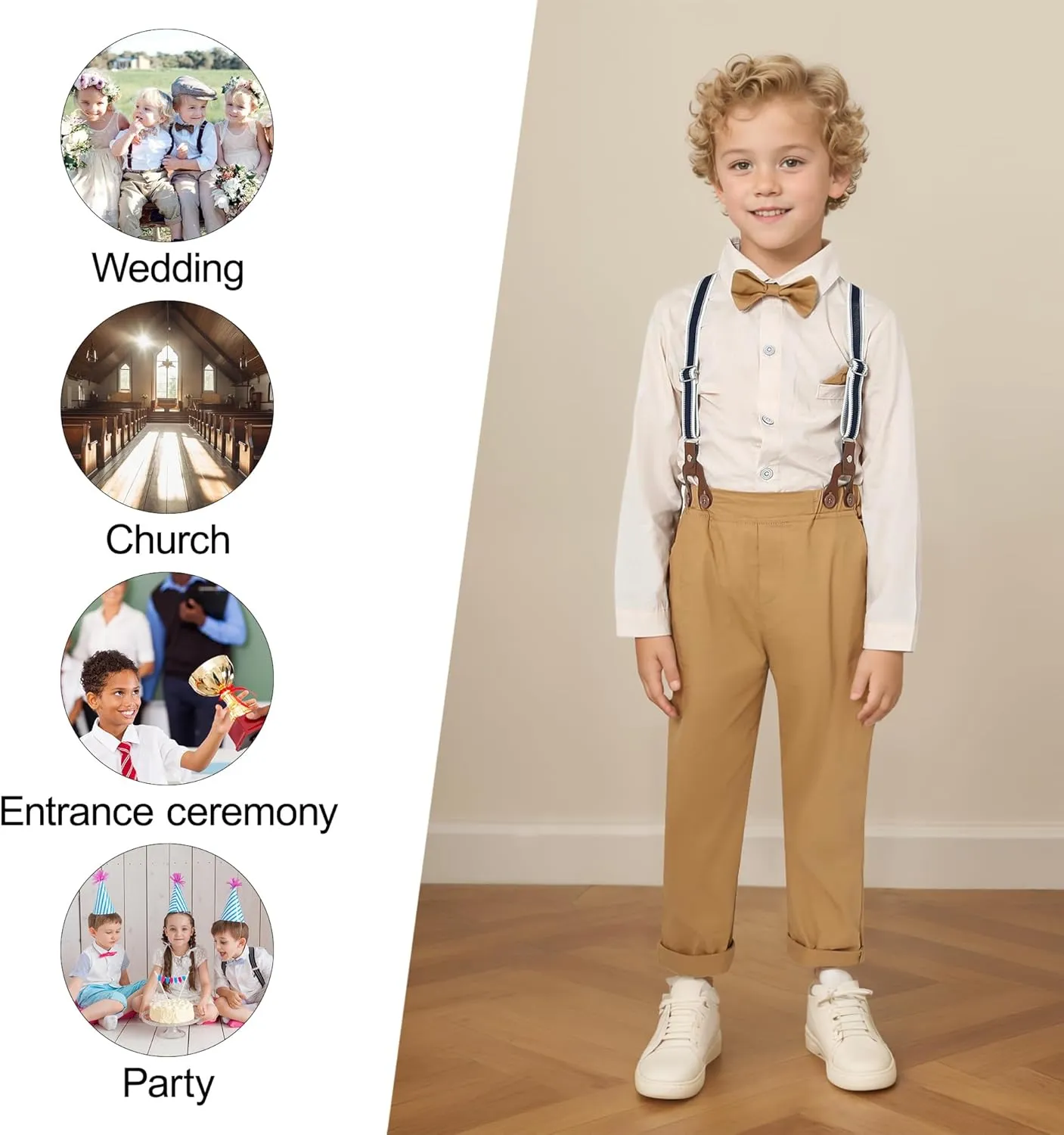 CARETOO Toddler Boy Clothes Suit Gentleman Wedding Outfits Kids Formal Dress Shirt Bowtie Long Suspender Pants Overalls 1-5T