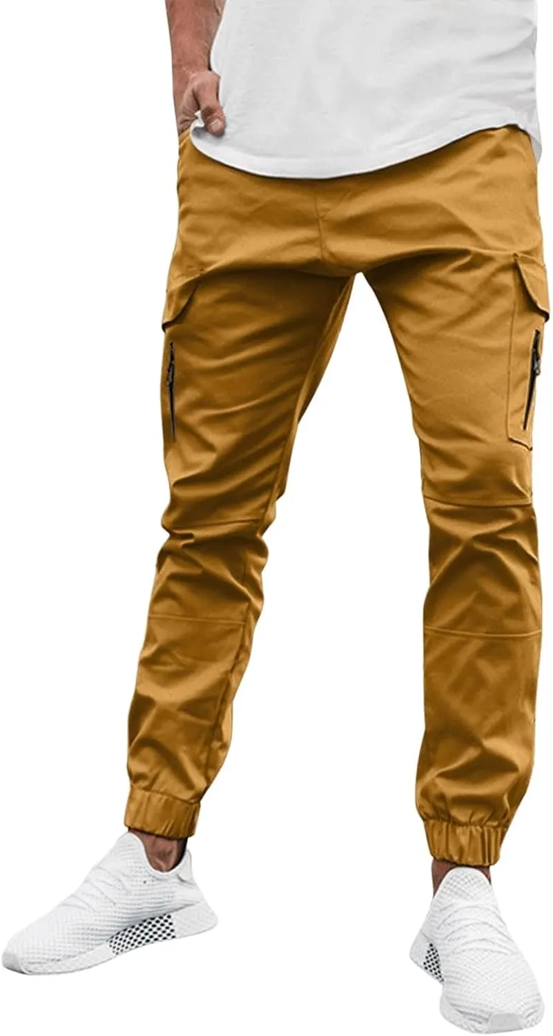Casual Cinch Bottom Cargo Pants for Men Workout Side Zip Sweatpants Fashion Slim Fit Joggers Trousers with Pocket