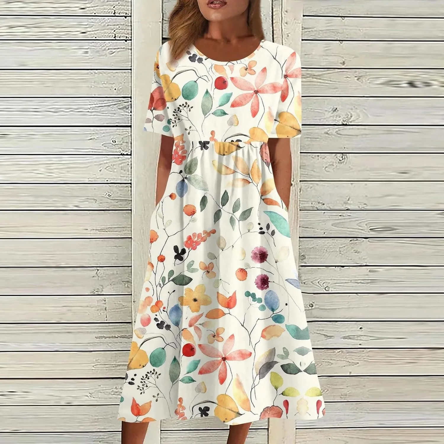 Casual Summer Fall Midi Dress for Vacation Beach Trendy Short Sleeve Plus Flowy Elegant Formal Floral Smocked Dress