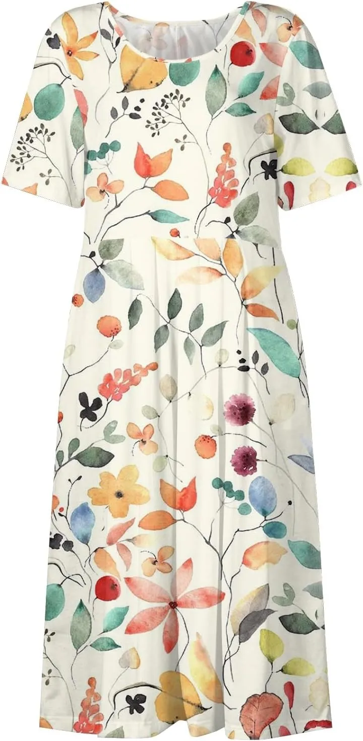 Casual Summer Fall Midi Dress for Vacation Beach Trendy Short Sleeve Plus Flowy Elegant Formal Floral Smocked Dress