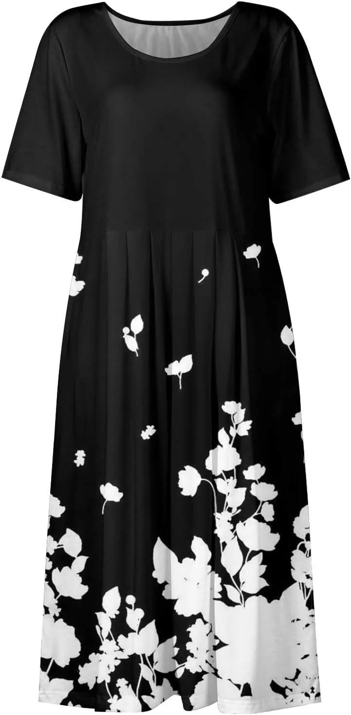 Casual Summer Fall Midi Dress for Vacation Beach Trendy Short Sleeve Plus Flowy Elegant Formal Floral Smocked Dress