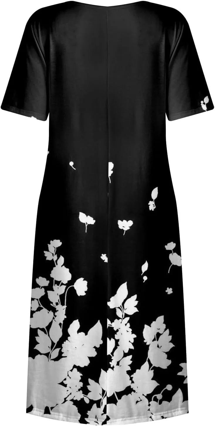 Casual Summer Fall Midi Dress for Vacation Beach Trendy Short Sleeve Plus Flowy Elegant Formal Floral Smocked Dress
