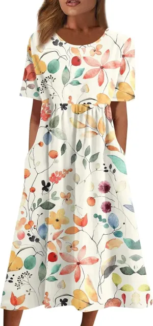 Casual Summer Fall Midi Dress for Vacation Beach Trendy Short Sleeve Plus Flowy Elegant Formal Floral Smocked Dress