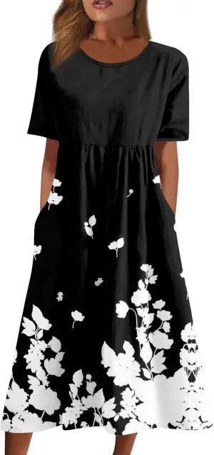 Casual Summer Fall Midi Dress for Vacation Beach Trendy Short Sleeve Plus Flowy Elegant Formal Floral Smocked Dress