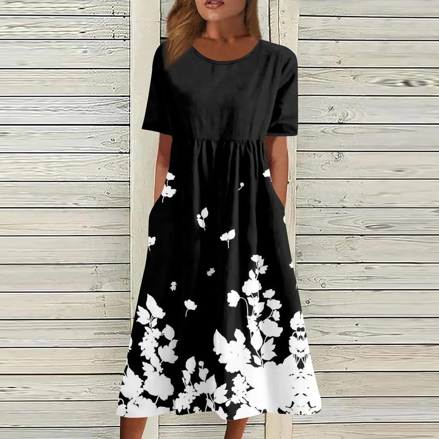 Casual Summer Fall Midi Dress for Vacation Beach Trendy Short Sleeve Plus Flowy Elegant Formal Floral Smocked Dress