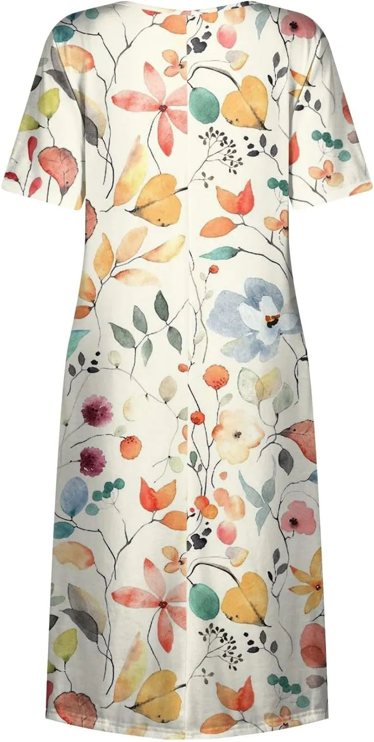 Casual Summer Fall Midi Dress for Vacation Beach Trendy Short Sleeve Plus Flowy Elegant Formal Floral Smocked Dress
