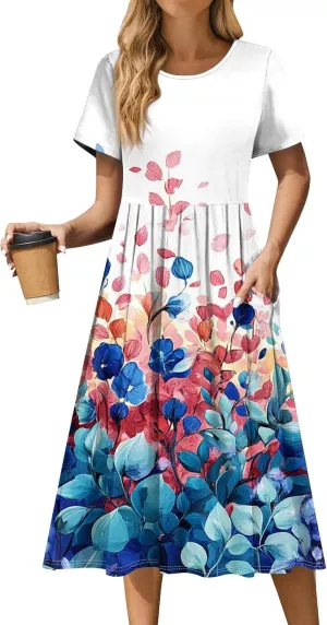 Casual Summer Spring Short Sleeve Floral Midi Dress for Women Trendy Smocked Flowy Formal Plus Size A Line Dress
