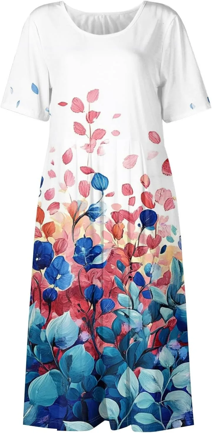Casual Summer Spring Short Sleeve Floral Midi Dress for Women Trendy Smocked Flowy Formal Plus Size A Line Dress