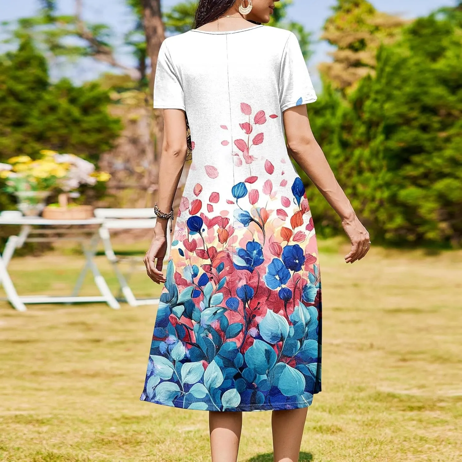 Casual Summer Spring Short Sleeve Floral Midi Dress for Women Trendy Smocked Flowy Formal Plus Size A Line Dress