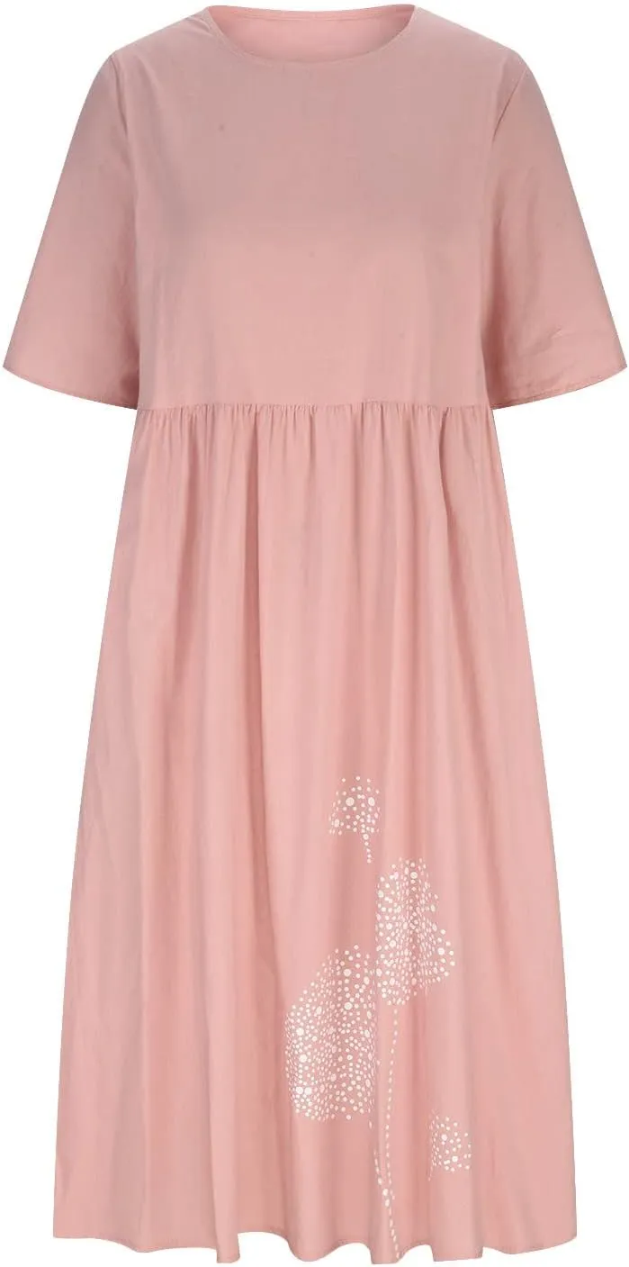 Ceboyel Women Cotton Linen Maxi Dress Dandelion Print Short Sleeve Dresses Boho Causal Summer Dress Cute Vacation Outfits