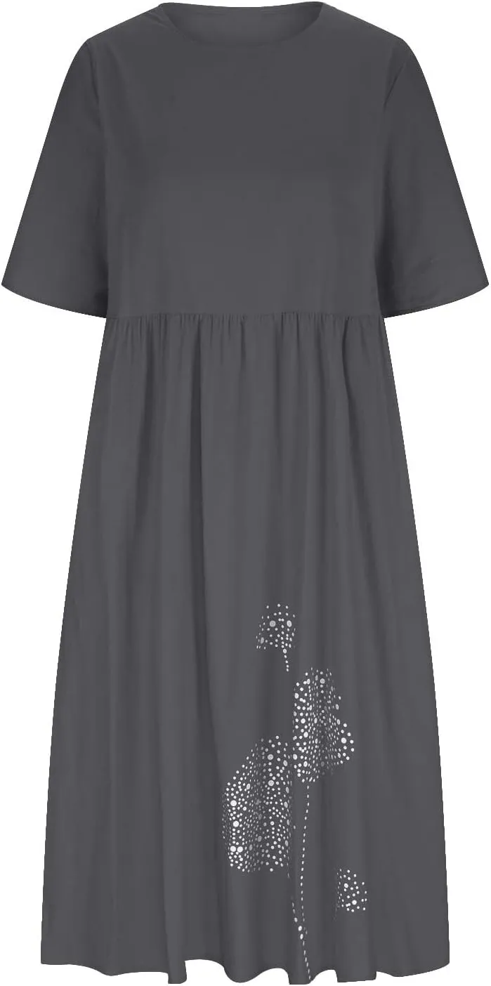 Ceboyel Women Cotton Linen Maxi Dress Dandelion Print Short Sleeve Dresses Boho Causal Summer Dress Cute Vacation Outfits