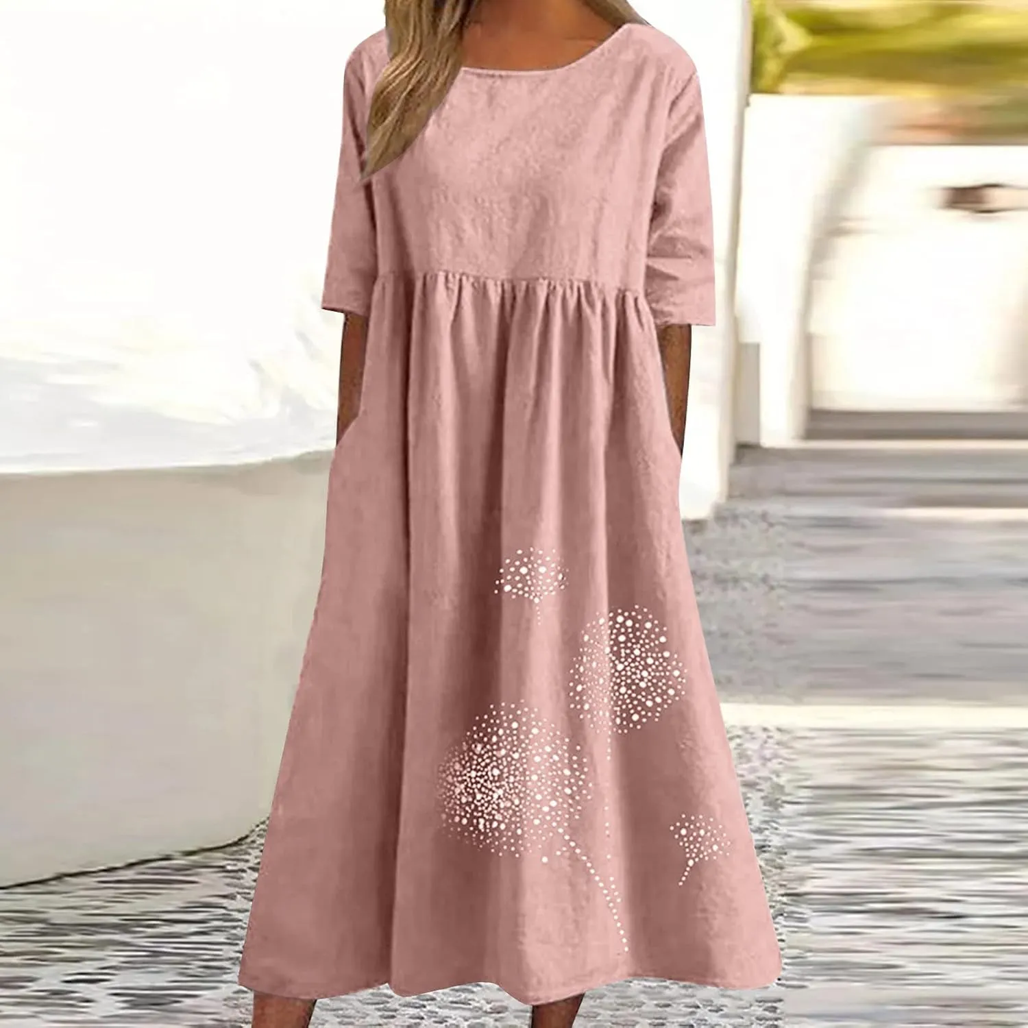 Ceboyel Women Cotton Linen Maxi Dress Dandelion Print Short Sleeve Dresses Boho Causal Summer Dress Cute Vacation Outfits