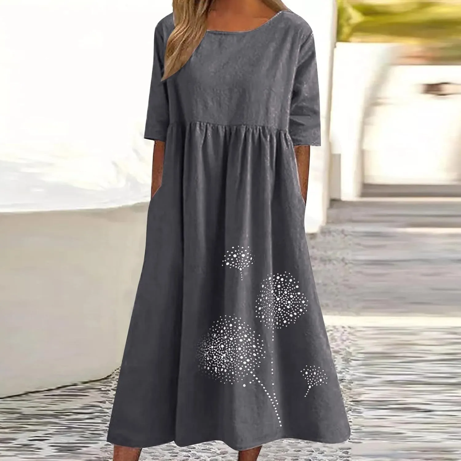 Ceboyel Women Cotton Linen Maxi Dress Dandelion Print Short Sleeve Dresses Boho Causal Summer Dress Cute Vacation Outfits