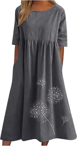 Ceboyel Women Cotton Linen Maxi Dress Dandelion Print Short Sleeve Dresses Boho Causal Summer Dress Cute Vacation Outfits