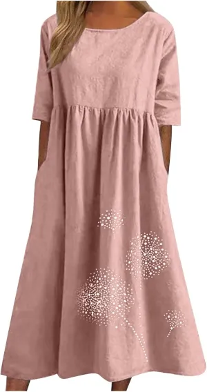 Ceboyel Women Cotton Linen Maxi Dress Dandelion Print Short Sleeve Dresses Boho Causal Summer Dress Cute Vacation Outfits