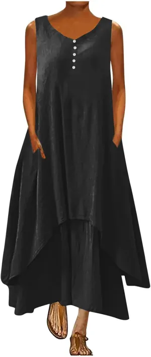 Ceboyel Women Irregular Hem Maxi Dress Cotton Linen Long Summer Dress Solid Color Boho Flowy Dress Beach Clothing 2023