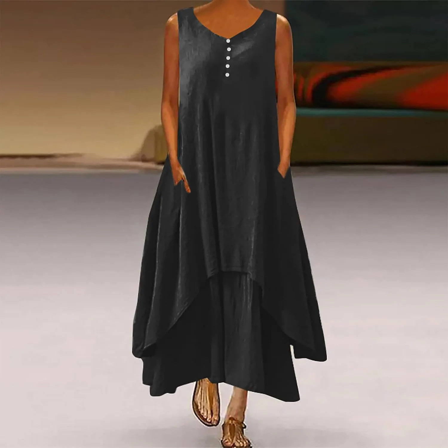 Ceboyel Women Irregular Hem Maxi Dress Cotton Linen Long Summer Dress Solid Color Boho Flowy Dress Beach Clothing 2023