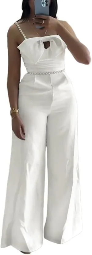 CHICME Women's Jumpsuit Beaded Spaghetti Strap Bowknot Ruched Slim Fit Cami Jumpsuits Elegant Overall