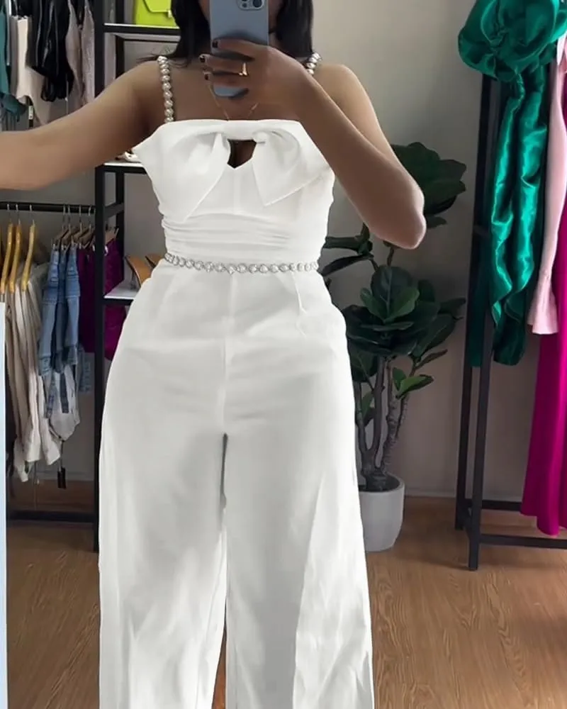CHICME Women's Jumpsuit Beaded Spaghetti Strap Bowknot Ruched Slim Fit Cami Jumpsuits Elegant Overall