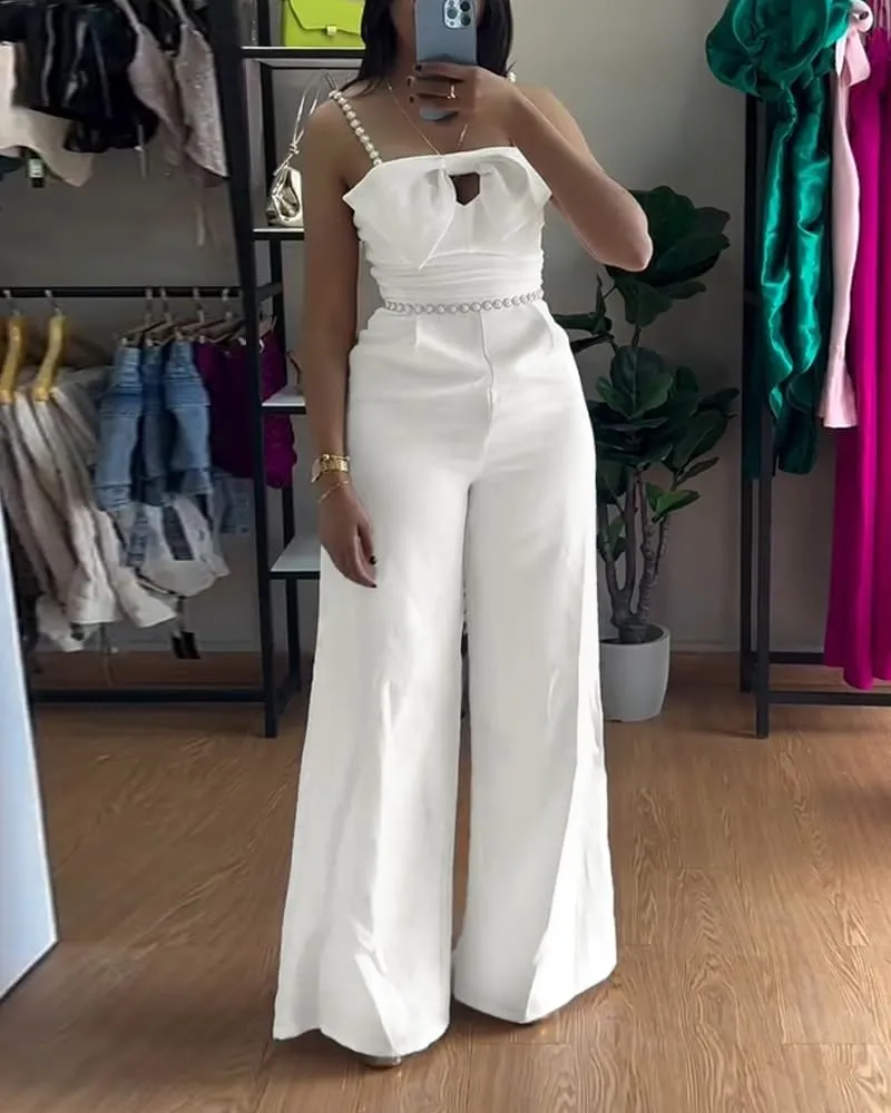 CHICME Women's Jumpsuit Beaded Spaghetti Strap Bowknot Ruched Slim Fit Cami Jumpsuits Elegant Overall