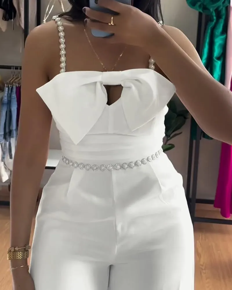 CHICME Women's Jumpsuit Beaded Spaghetti Strap Bowknot Ruched Slim Fit Cami Jumpsuits Elegant Overall