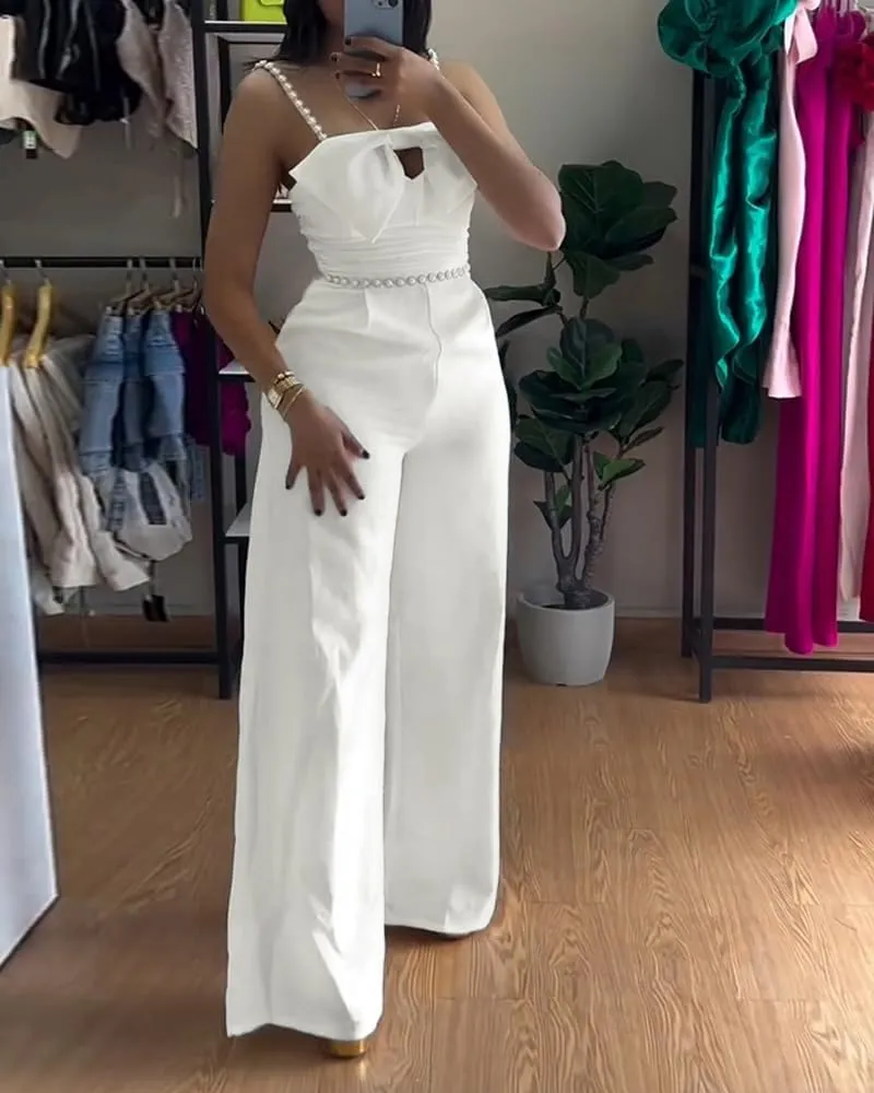 CHICME Women's Jumpsuit Beaded Spaghetti Strap Bowknot Ruched Slim Fit Cami Jumpsuits Elegant Overall