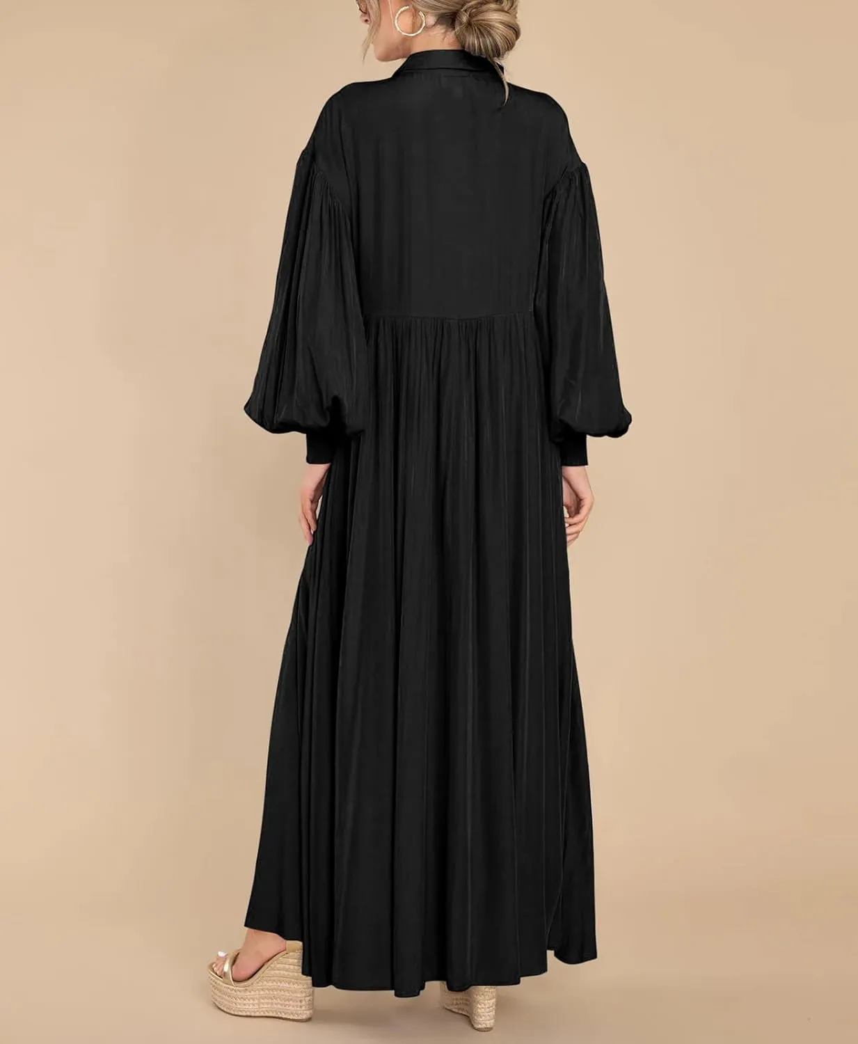chouyatou Women's Casual Long Sleeve Button Down Shirt Dress Elegant Pleated Flowy Swing Maxi Dress
