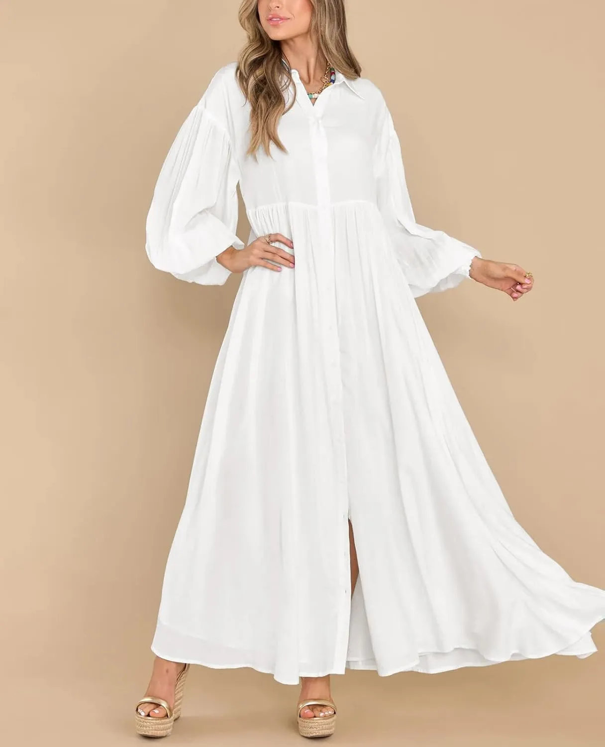 chouyatou Women's Casual Long Sleeve Button Down Shirt Dress Elegant Pleated Flowy Swing Maxi Dress