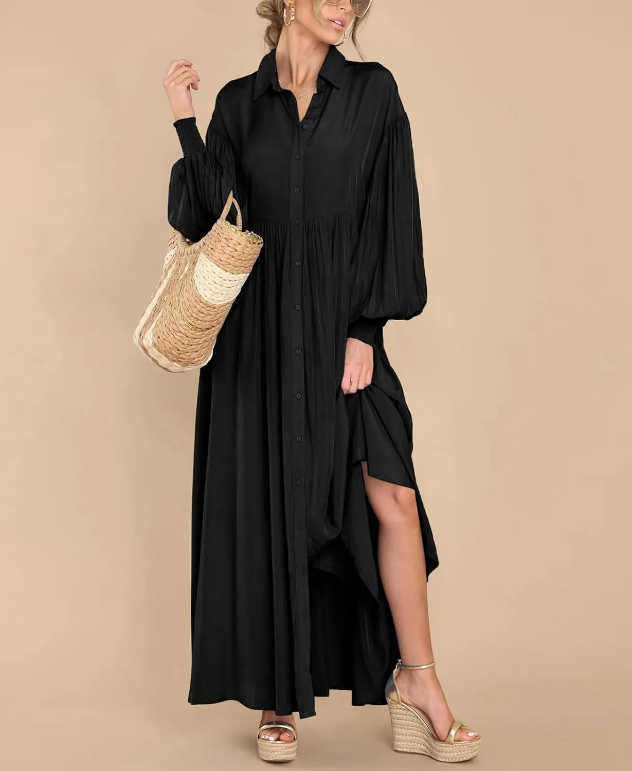 chouyatou Women's Casual Long Sleeve Button Down Shirt Dress Elegant Pleated Flowy Swing Maxi Dress