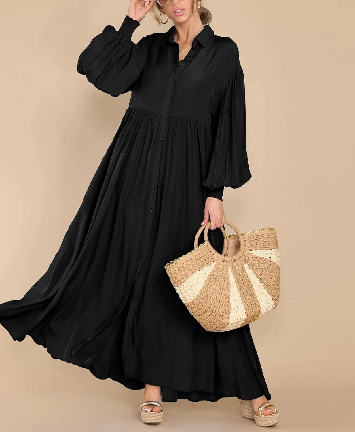 chouyatou Women's Casual Long Sleeve Button Down Shirt Dress Elegant Pleated Flowy Swing Maxi Dress