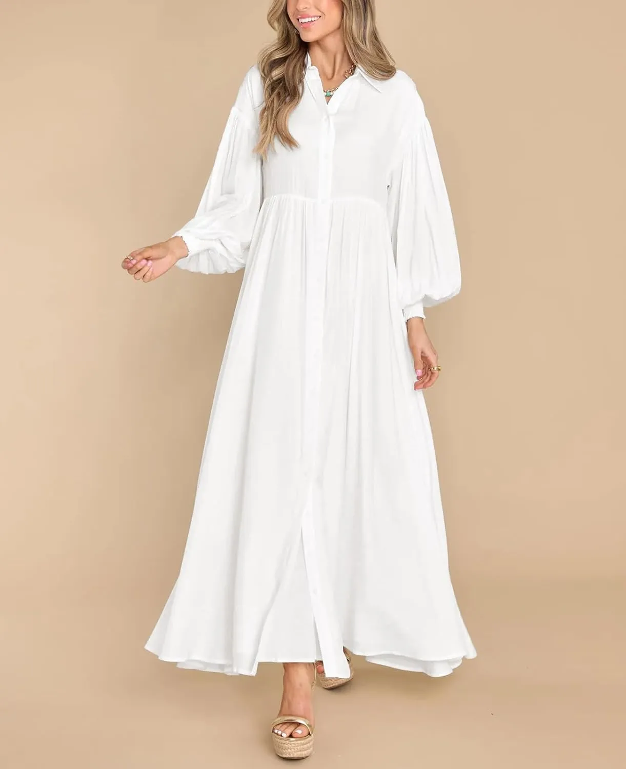chouyatou Women's Casual Long Sleeve Button Down Shirt Dress Elegant Pleated Flowy Swing Maxi Dress