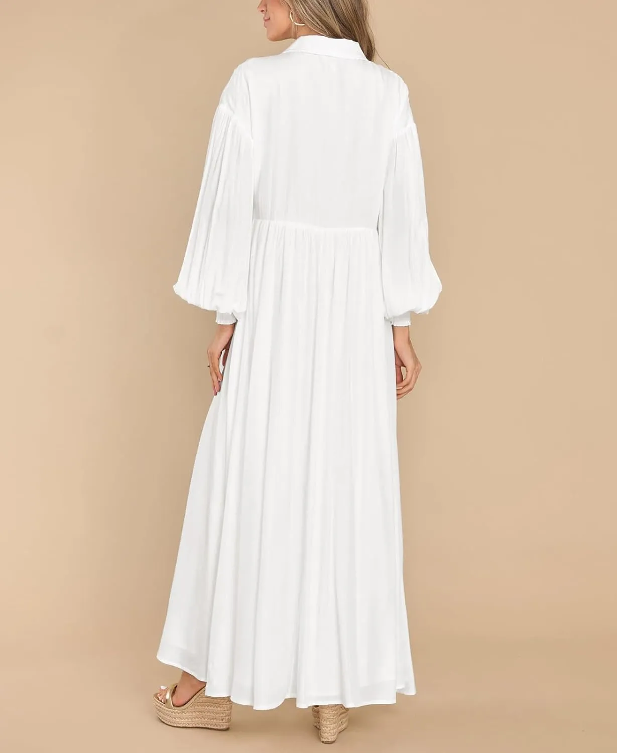 chouyatou Women's Casual Long Sleeve Button Down Shirt Dress Elegant Pleated Flowy Swing Maxi Dress