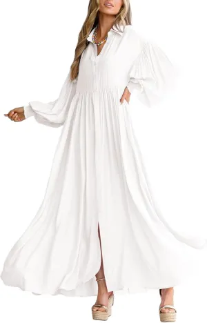 chouyatou Women's Casual Long Sleeve Button Down Shirt Dress Elegant Pleated Flowy Swing Maxi Dress