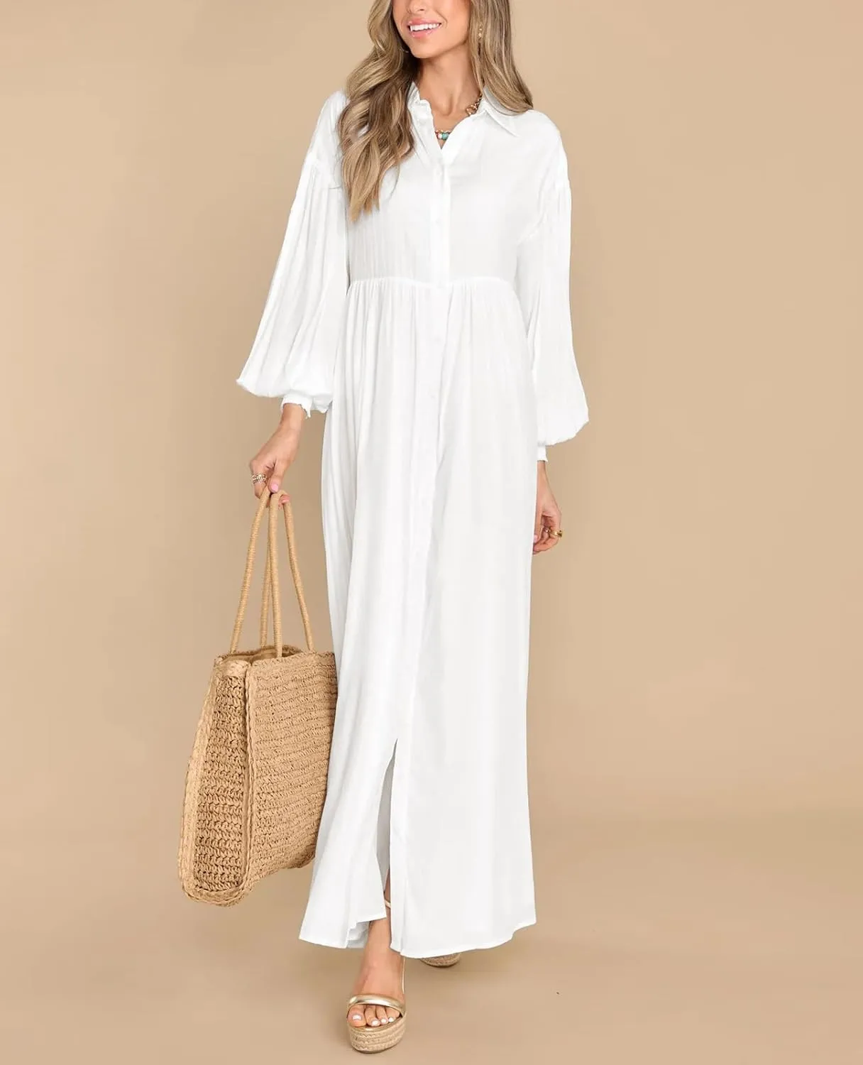 chouyatou Women's Casual Long Sleeve Button Down Shirt Dress Elegant Pleated Flowy Swing Maxi Dress