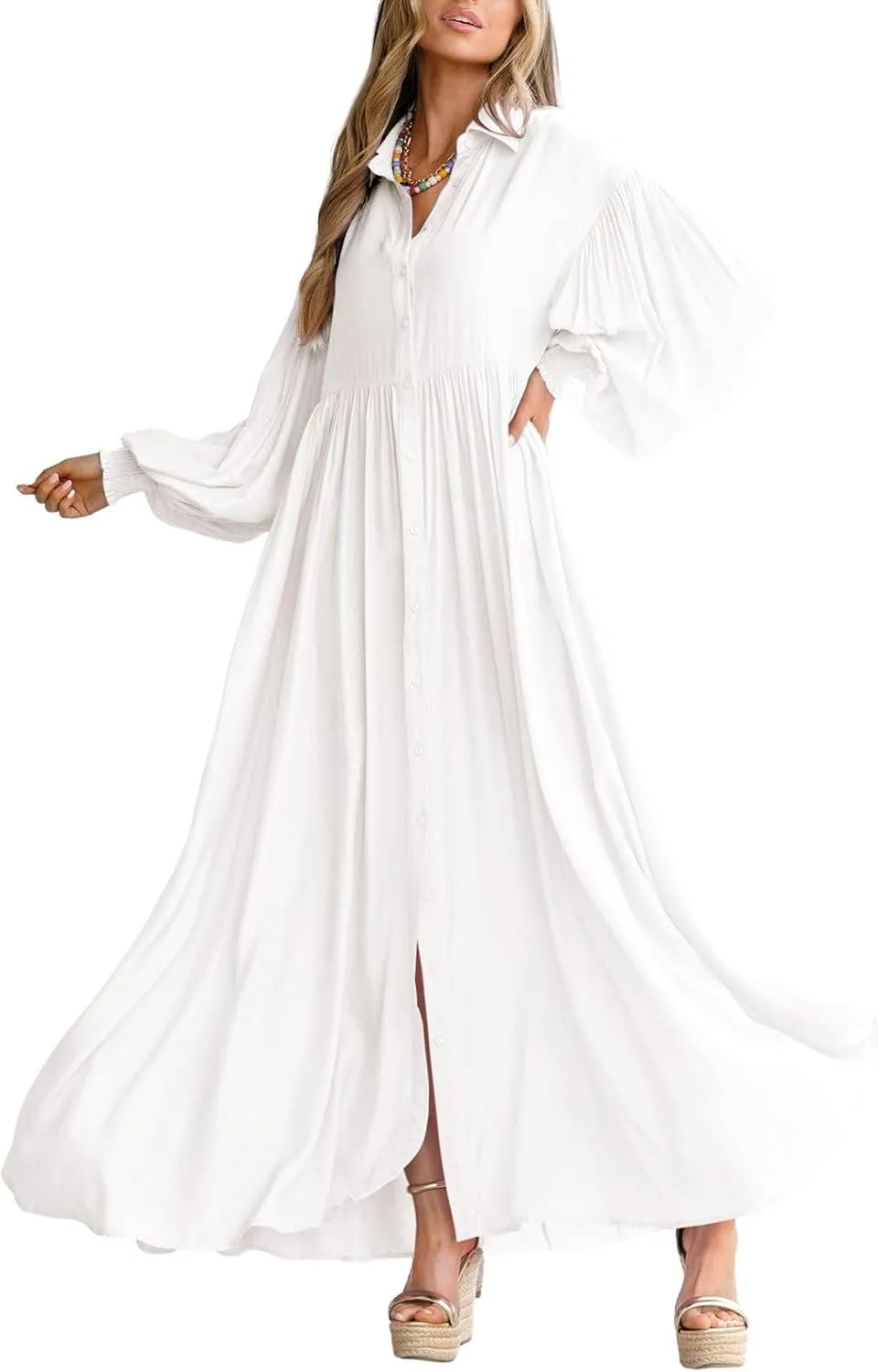 chouyatou Women's Casual Long Sleeve Button Down Shirt Dress Elegant Pleated Flowy Swing Maxi Dress