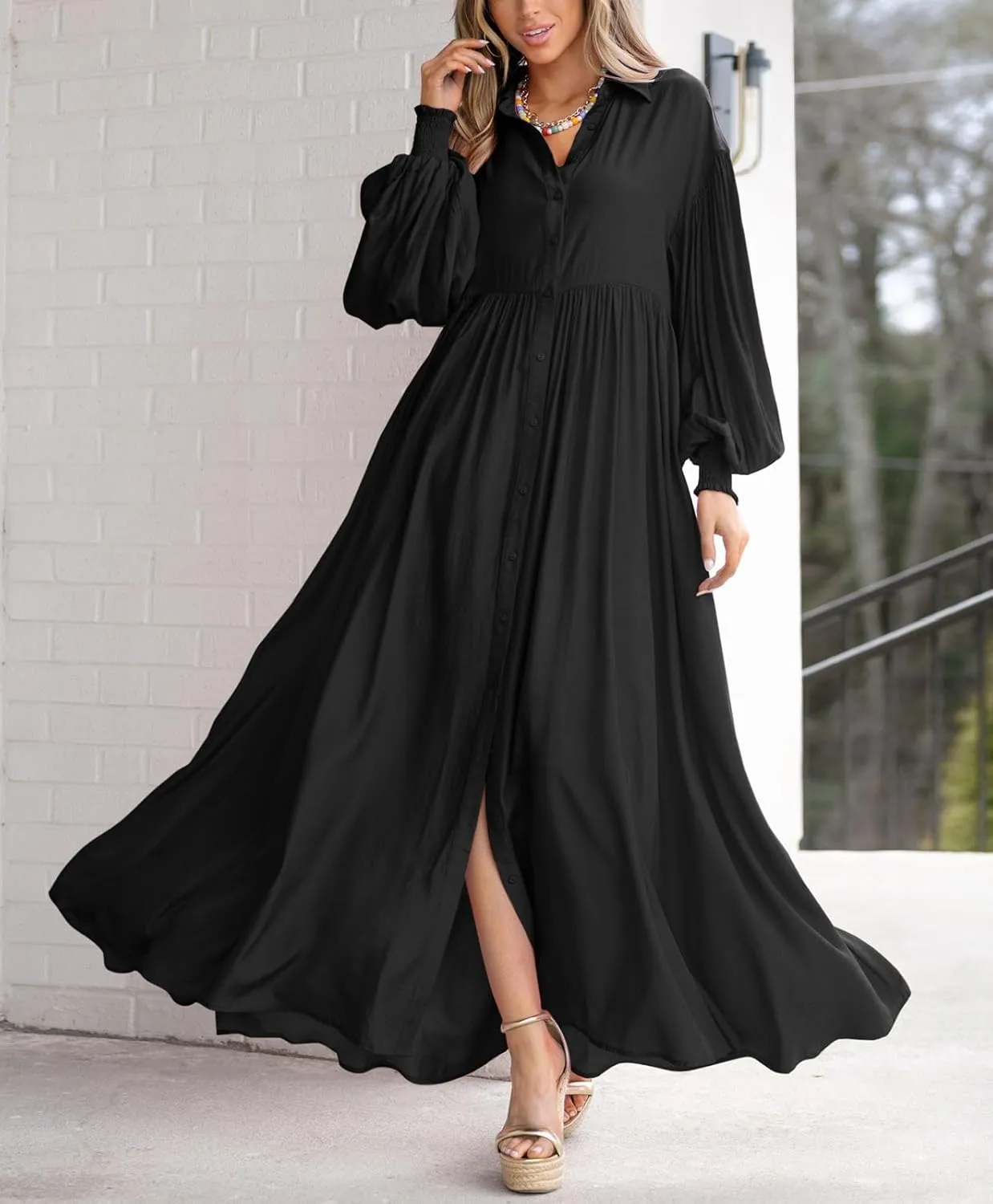 chouyatou Women's Casual Long Sleeve Button Down Shirt Dress Elegant Pleated Flowy Swing Maxi Dress