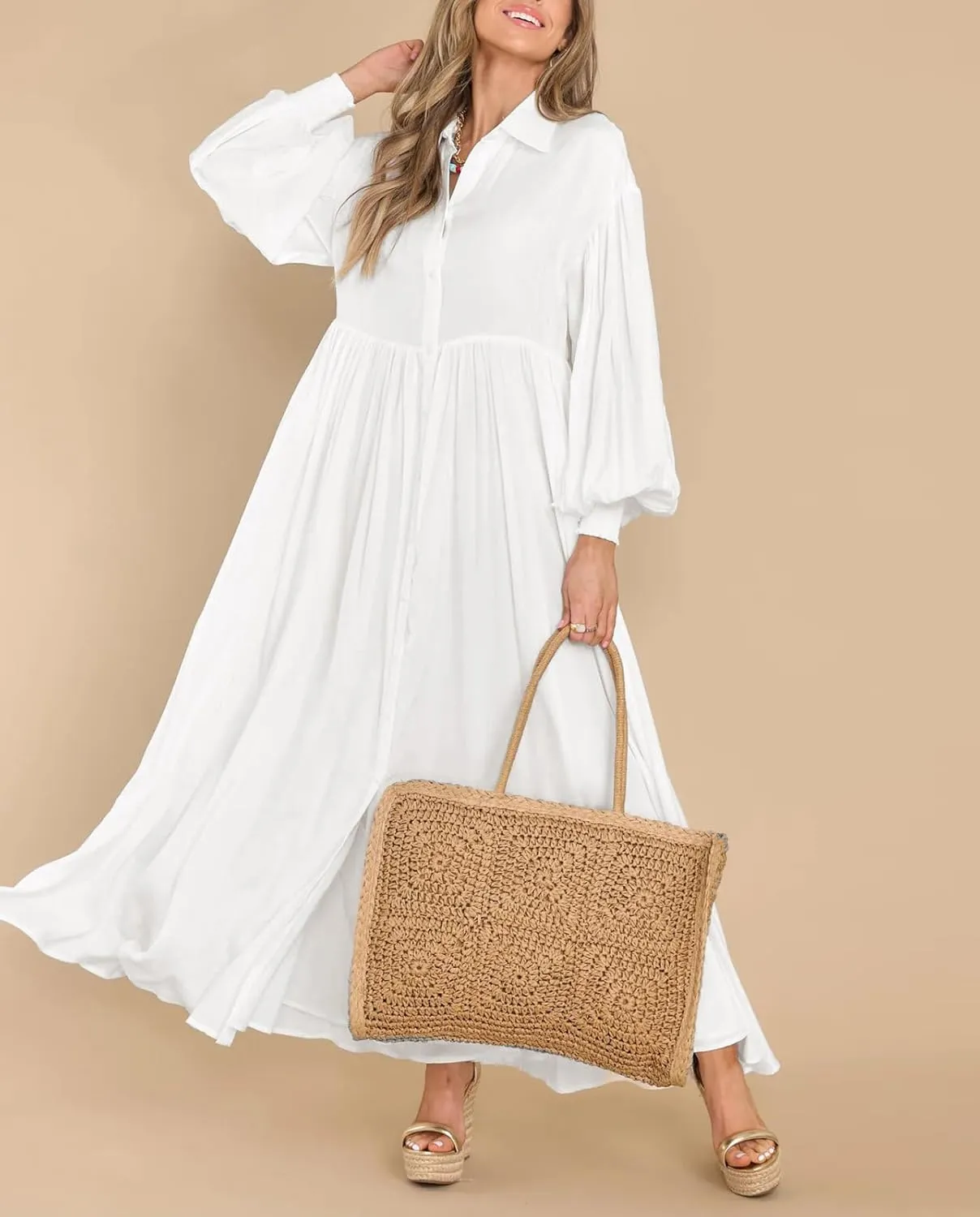 chouyatou Women's Casual Long Sleeve Button Down Shirt Dress Elegant Pleated Flowy Swing Maxi Dress