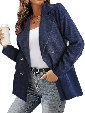 chouyatou Women's Fall Notch Lapel Corduroy Blazer Jacket Double Breasted Office Dressy Work Suit