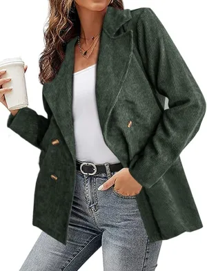 chouyatou Women's Fall Notch Lapel Corduroy Blazer Jacket Double Breasted Office Dressy Work Suit