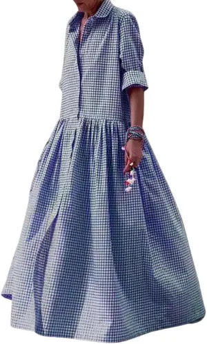 chouyatou Women's Retro Plaid Button Down Maxi Shirt Dress Long Sleeve Button Up Gingham Swing Long Dress