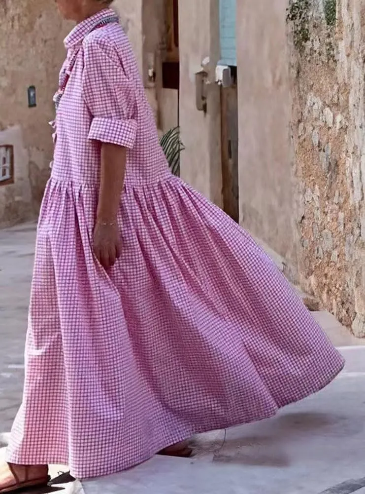 chouyatou Women's Retro Plaid Button Down Maxi Shirt Dress Long Sleeve Button Up Gingham Swing Long Dress