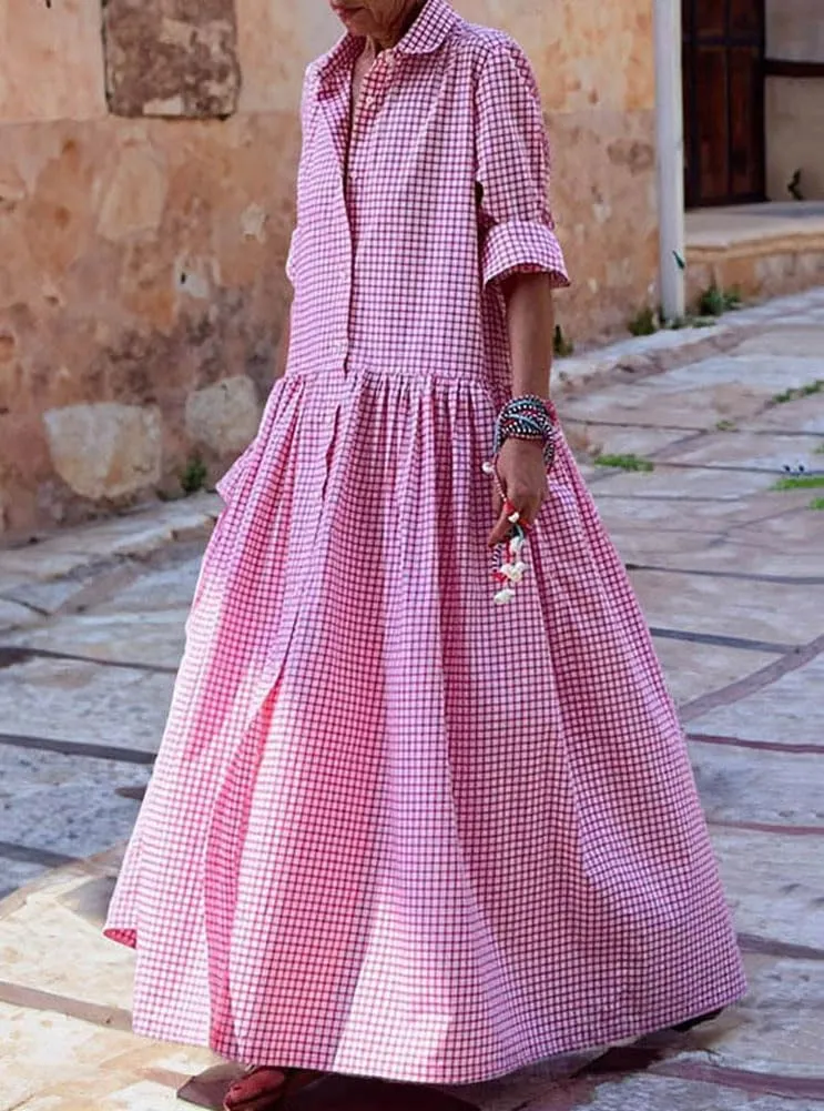 chouyatou Women's Retro Plaid Button Down Maxi Shirt Dress Long Sleeve Button Up Gingham Swing Long Dress