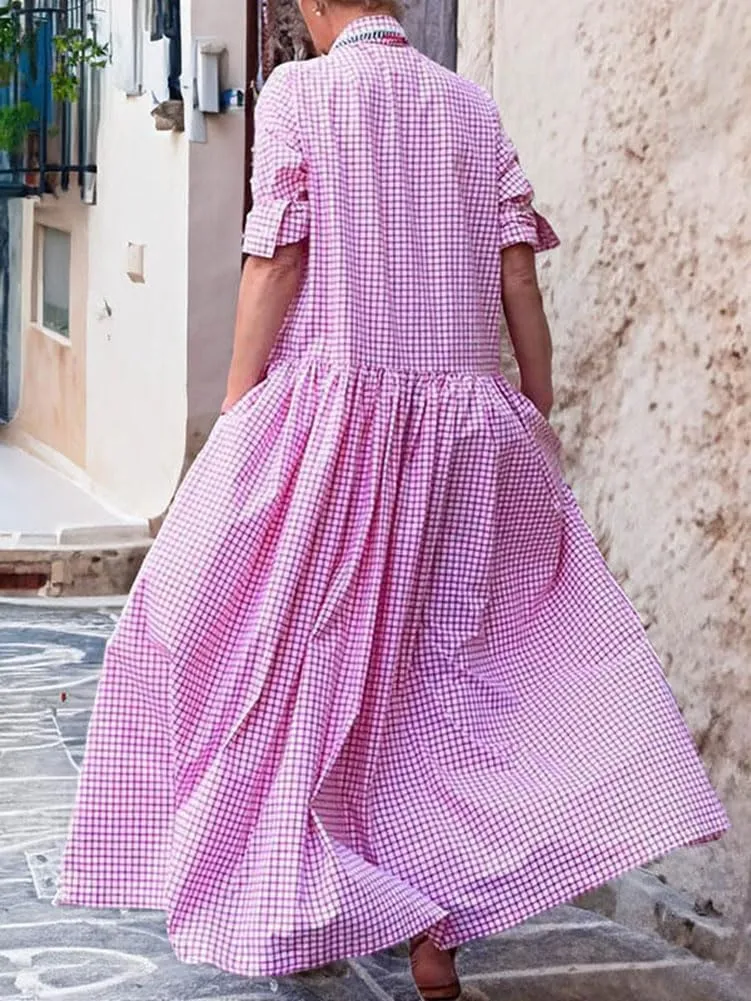 chouyatou Women's Retro Plaid Button Down Maxi Shirt Dress Long Sleeve Button Up Gingham Swing Long Dress