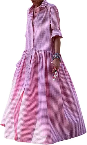 chouyatou Women's Retro Plaid Button Down Maxi Shirt Dress Long Sleeve Button Up Gingham Swing Long Dress