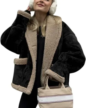 chouyatou Women's Winter Casual Faux Suede Leather Jacket Button Down Fuzzy Sherpa Lined Jacket Coat