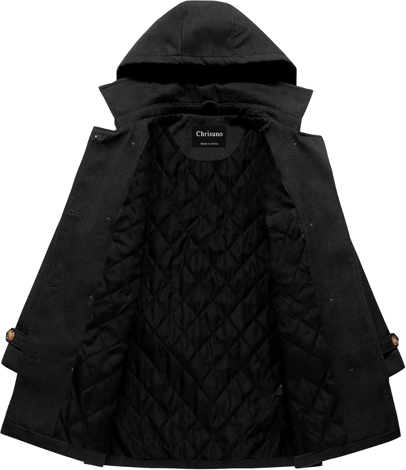 Chrisuno Women's Double Breasted Pea Coat Hooded Long Winter Trench Coat