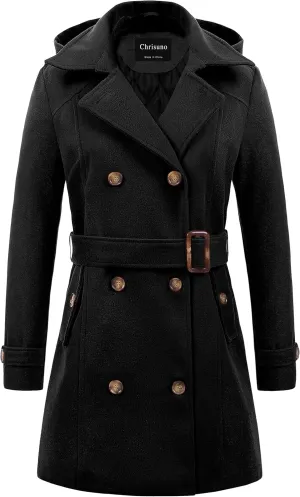 Chrisuno Women's Double Breasted Pea Coat Hooded Long Winter Trench Coat