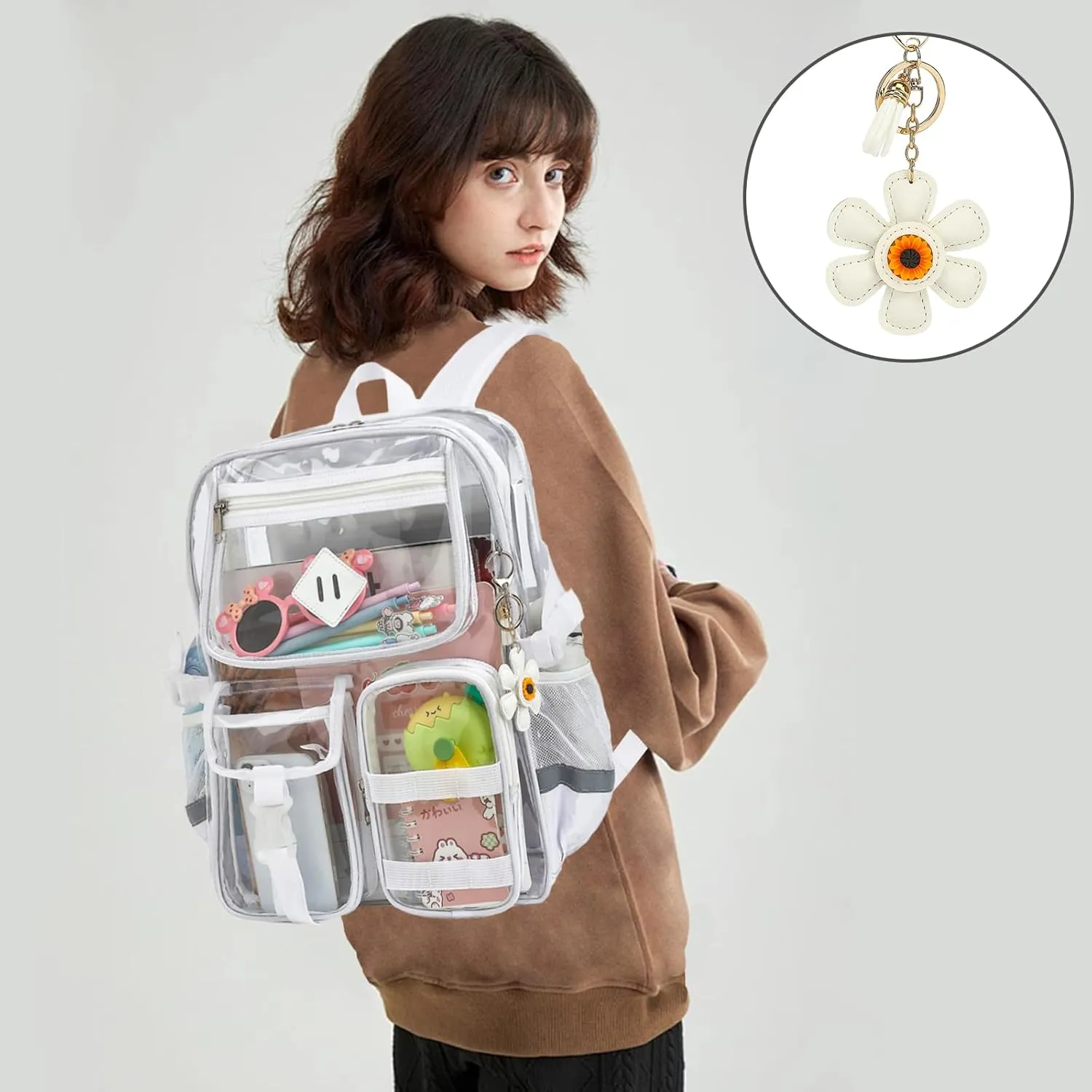 Clear Backpack for School, Heavy Duty Transparent Bookbag for Girls Women with Sunflower Keychain